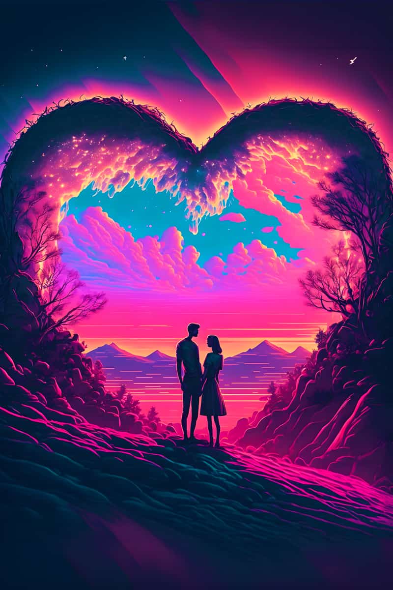 Heart-shaped landscape with couple, Diamond Painting art, Paint by Numbers kit, enhanced acrylic diamonds, artistic love scene
