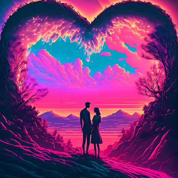 Heart-shaped landscape with couple, Diamond Painting art, Paint by Numbers kit, enhanced acrylic diamonds, artistic love scene