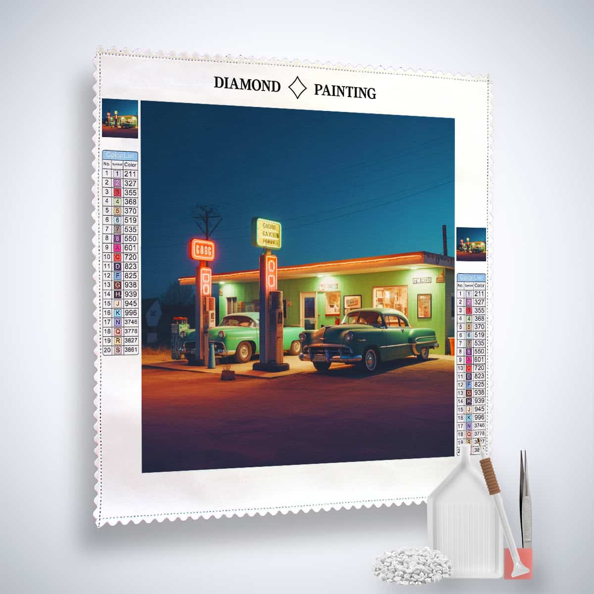 Diamond Painting Kit featuring nostalgic gas station design with acrylic diamonds, professional canvas, tweezers, and application pen