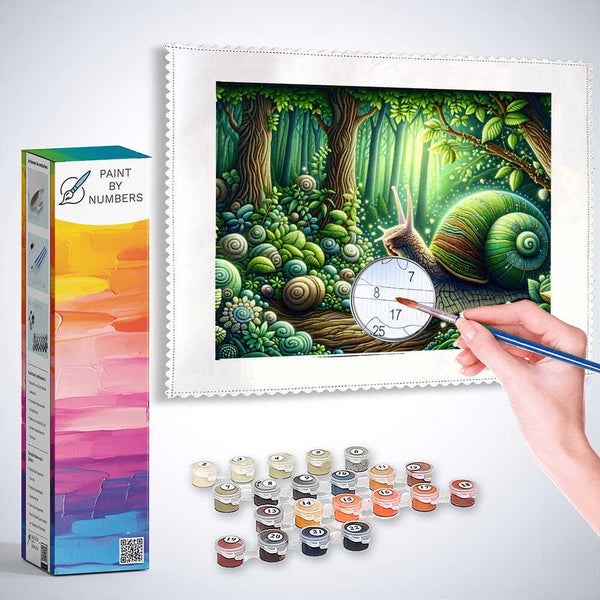 "Forest Secrets: Diamond Snail paint by numbers kit showing a hand painting a mystical snail in a green forest - Diamond Painting"