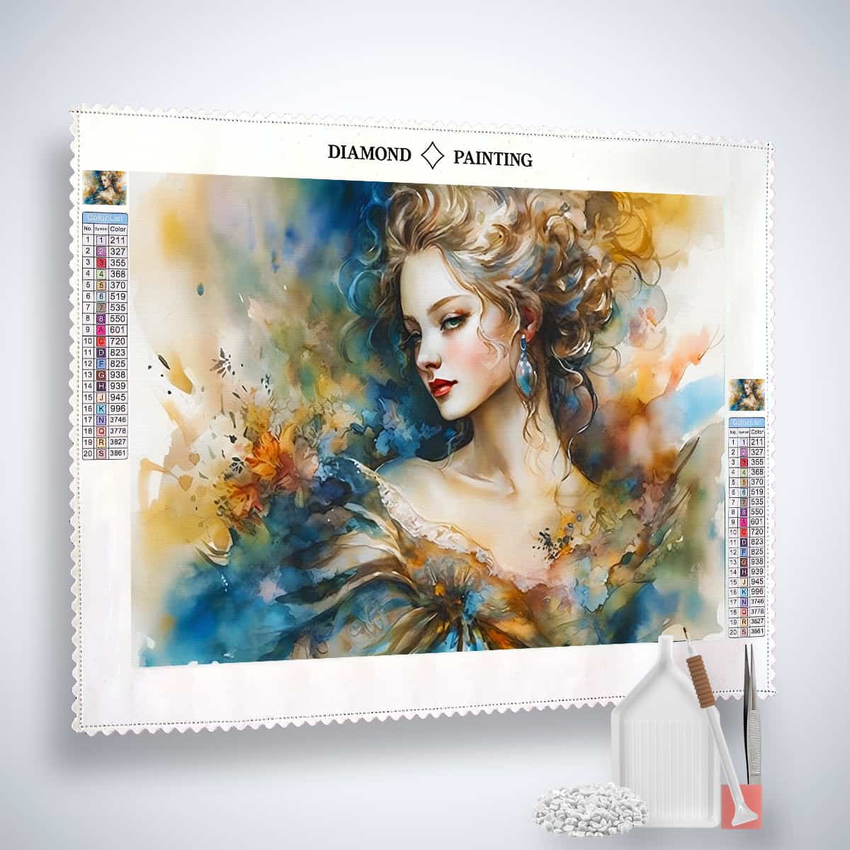 AB Diamond Painting kit featuring an abstract woman in a dress with enhanced acrylic diamonds, professional canvas, and painting tools
