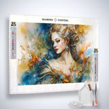 AB Diamond Painting kit featuring an abstract woman in a dress with enhanced acrylic diamonds, professional canvas, and painting tools