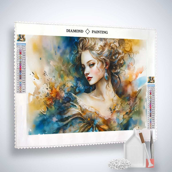 AB Diamond Painting kit featuring an abstract woman in a dress with enhanced acrylic diamonds, professional canvas, and painting tools