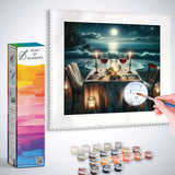 Paint by Numbers kit - Moonlight Serenade Mediterranean beach scene with table, candles, and starry night backdrop