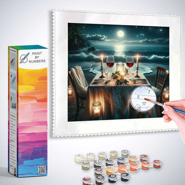 Paint by Numbers kit - Moonlight Serenade Mediterranean beach scene with table, candles, and starry night backdrop