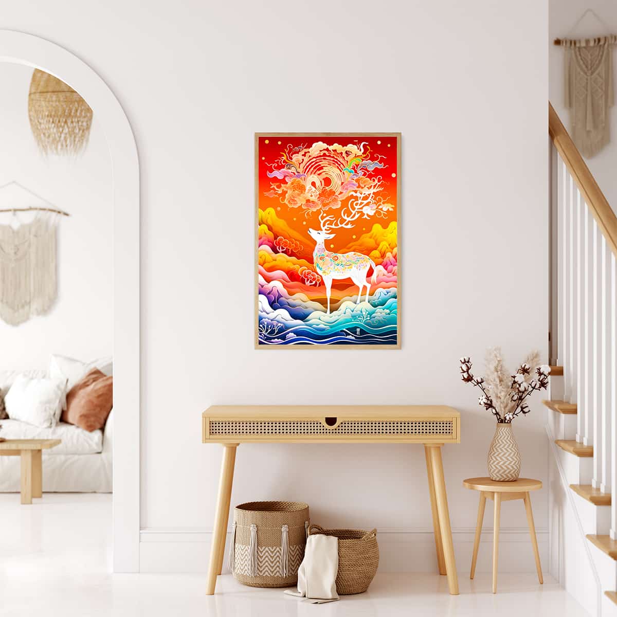 AB Diamond Painting Sea Stag displayed in modern living room, colorful Paint by Numbers kit with acrylic diamonds and professional canvas