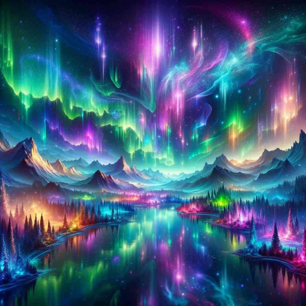 Paint by Numbers - Cosmic Miracle showcasing vibrant northern lights and a starry sky reflecting on a crystal clear mountain lake.