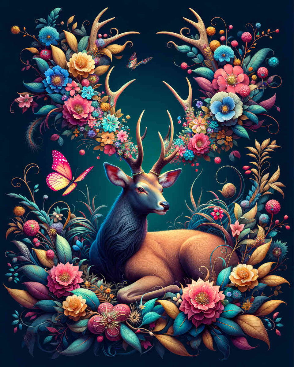 Deer with flower antlers, butterfly - Paint by Numbers