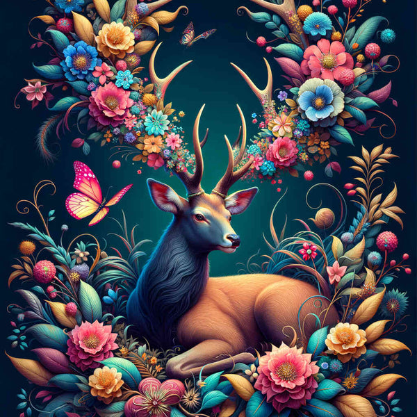 Deer with flower antlers, butterfly - Paint by Numbers