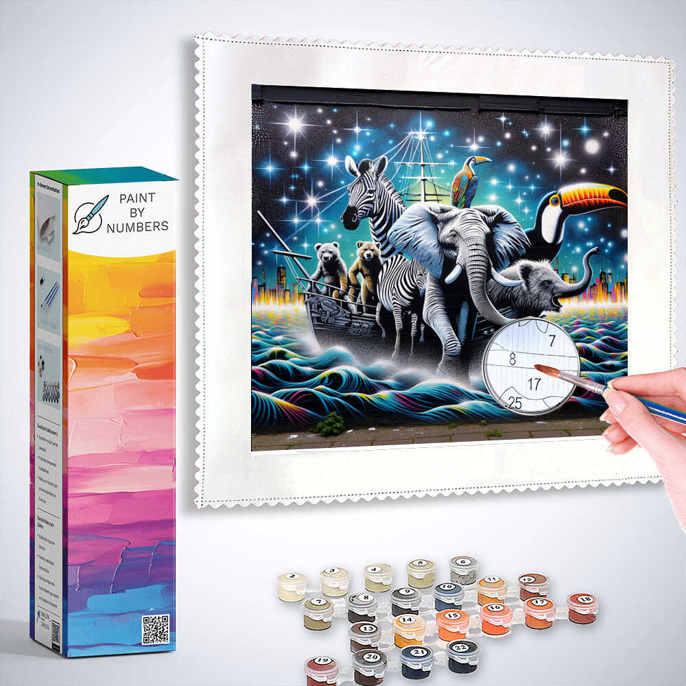 Paint by Numbers - Kosmische Arche with zebra, elephant, and bear sailing together under a starry sky, hand holding brush.