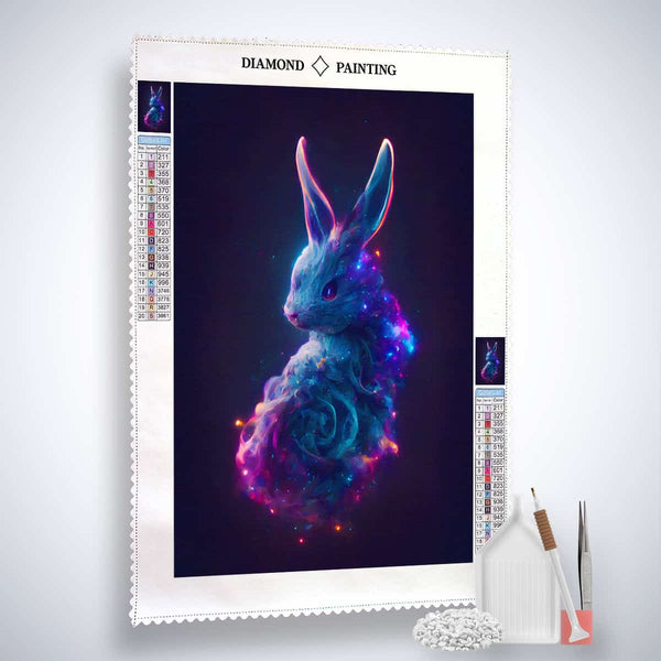 Diamond Painting - Mystic Bunny kit with professional canvas, acrylic diamonds, tweezers, and application pen for paint by numbers art.