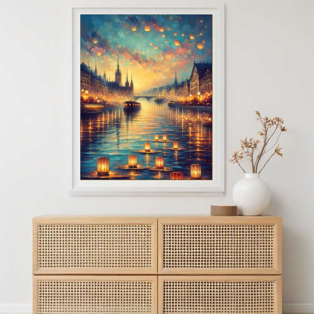 City by the river, lantern light - Paint by Numbers