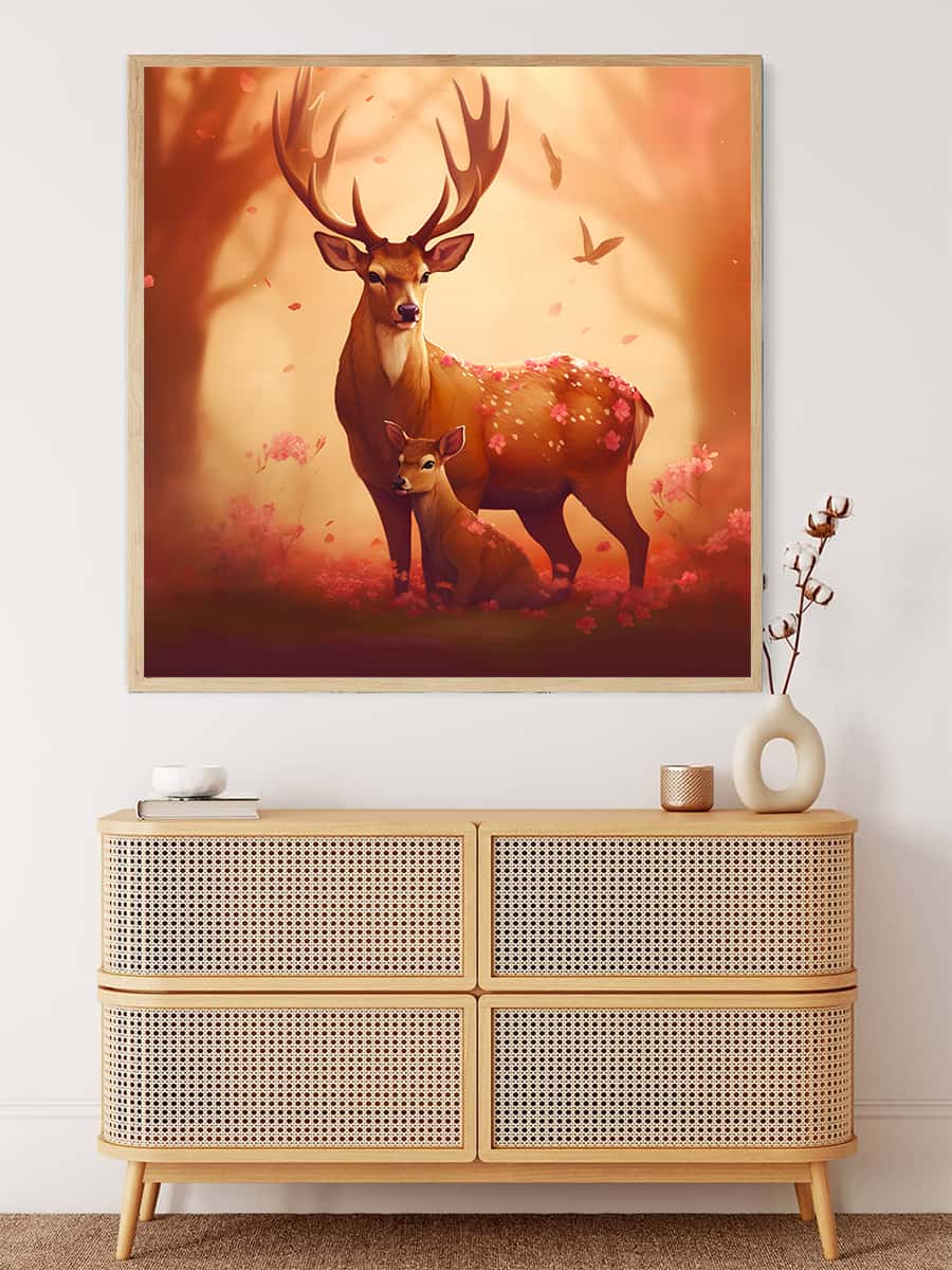 Diamond Painting - Magnificent stag with child, hanging above a woven dresser in a minimalist room. Paint by Numbers Kit.