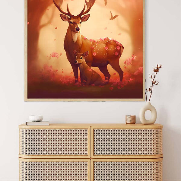 Diamond Painting - Magnificent stag with child, hanging above a woven dresser in a minimalist room. Paint by Numbers Kit.