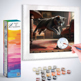 Paint by Numbers cat and mouse game photorealistic painting kit with cat pouncing on mouse in sunlit Victorian room on red carpet