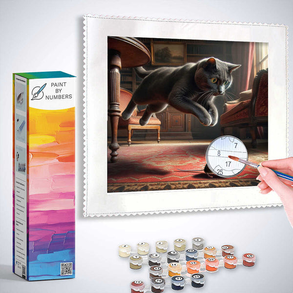Paint by Numbers cat and mouse game photorealistic painting kit with cat pouncing on mouse in sunlit Victorian room on red carpet