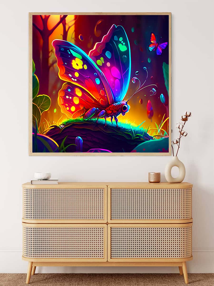 AB Diamond Painting - Neon butterfly in magic forest, vibrant wall art in rattan cabinet, Paint by Numbers kit with acrylic diamonds.