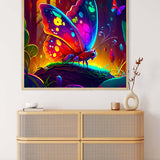 AB Diamond Painting - Neon butterfly in magic forest, vibrant wall art in rattan cabinet, Paint by Numbers kit with acrylic diamonds.