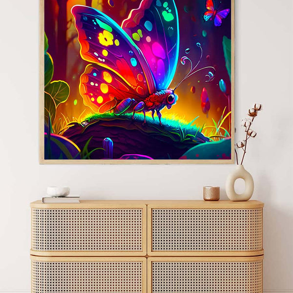 AB Diamond Painting - Neon butterfly in magic forest, vibrant wall art in rattan cabinet, Paint by Numbers kit with acrylic diamonds.