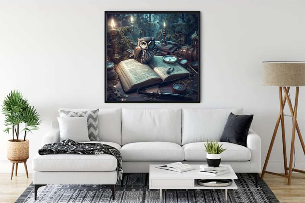Diamond Painting of an owl on a book displayed in a modern living room. Paint by Numbers kit with enhanced acrylic diamonds and tools.