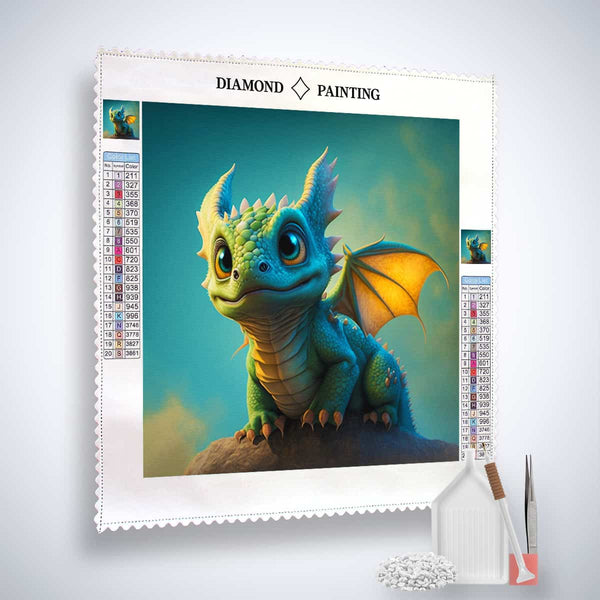 Diamond Painting Kit with cute dragon design on canvas, includes acrylic diamonds, tweezers, application pen, and organizer tray.