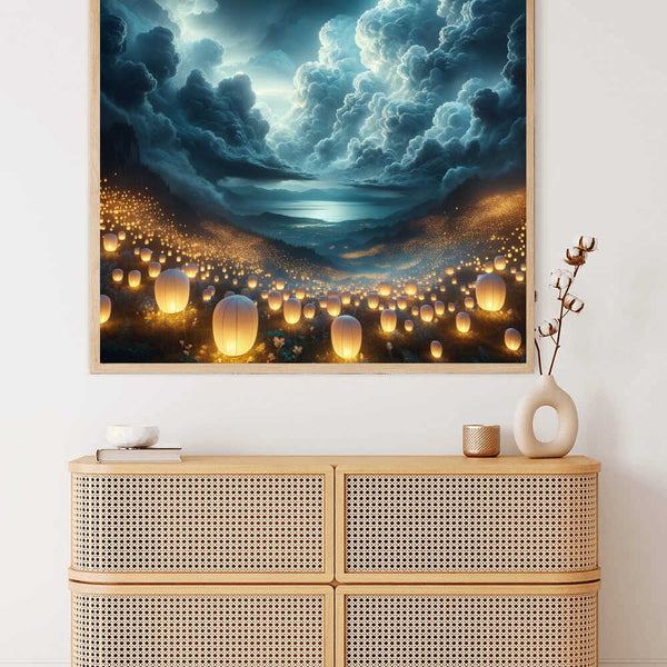 Paint by Numbers - Light Festival of Dreams artwork showcasing glowing lanterns under a dreamy night sky with clouds.