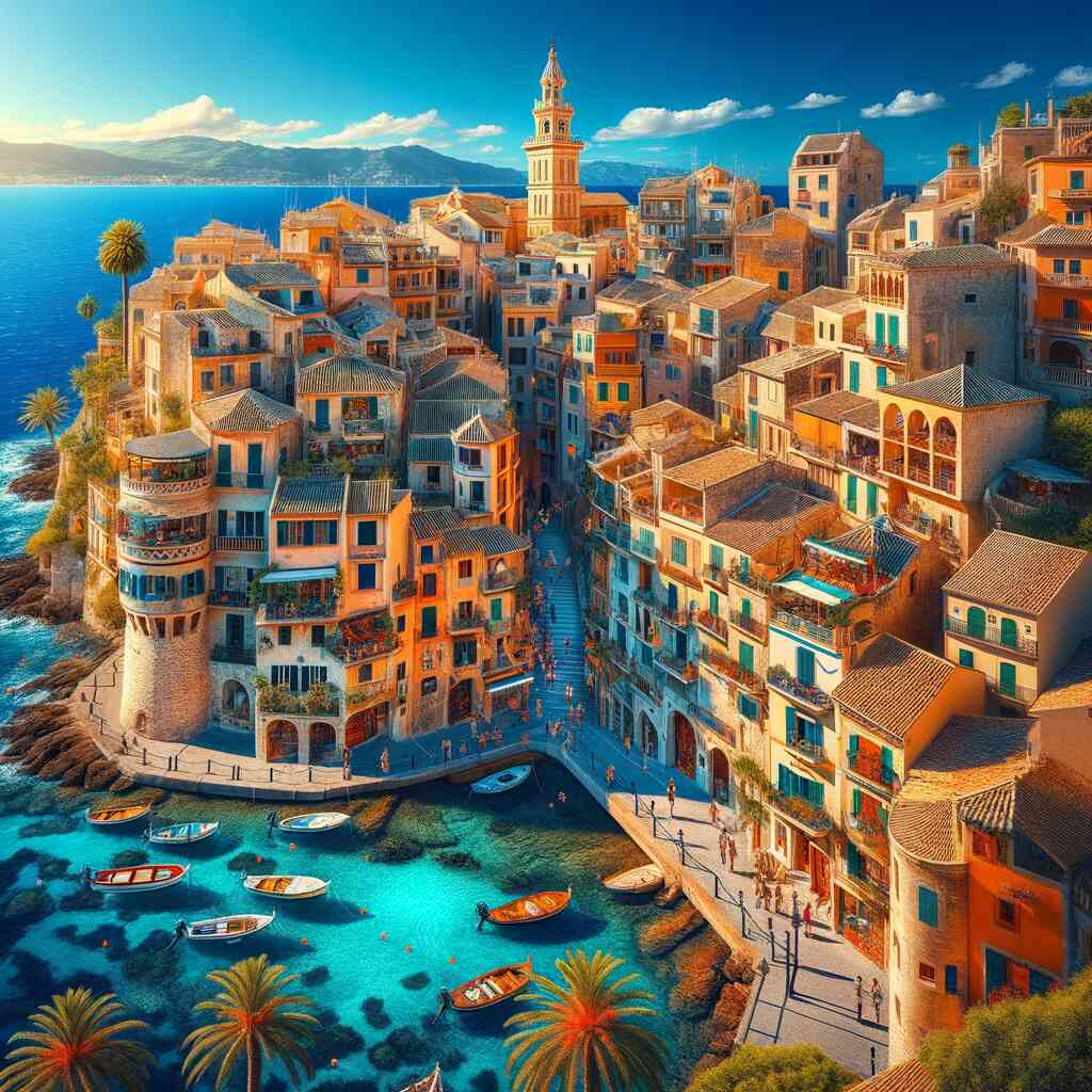 Paint by Numbers Mediterranean Whispers - Vibrant coastal village with sunlit buildings, palm trees, and boats on an azure sea.