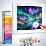 Paint by Numbers - Cosmic Miracle kit with vibrant northern lights, starry sky, and mountain lake mural in purples, greens, and blues.