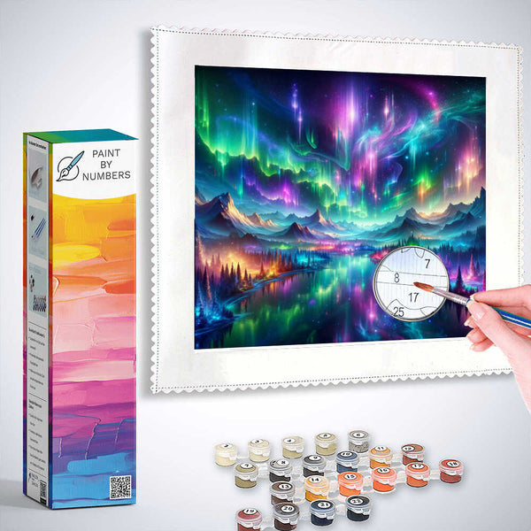 Paint by Numbers - Cosmic Miracle kit with vibrant northern lights, starry sky, and mountain lake mural in purples, greens, and blues.