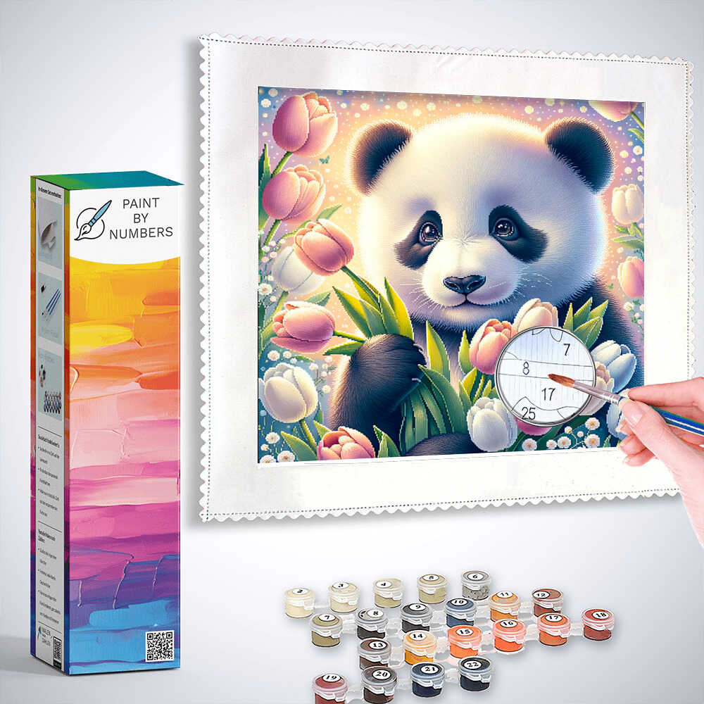 Paint by Numbers - Panda Bar with Bouquet of Tulips
