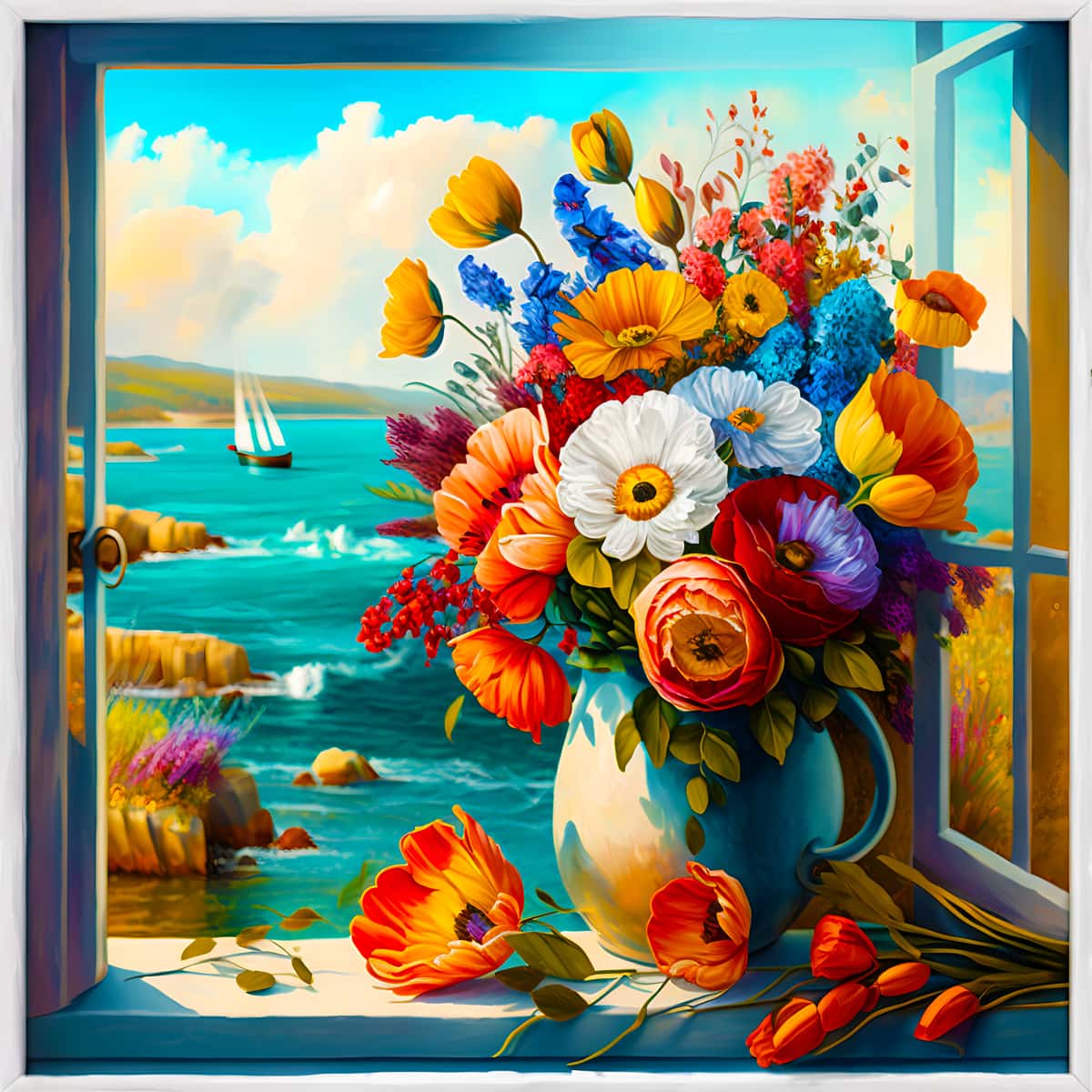Diamond Painting - Flower arrangement by the sea with vivid colors and a scenic ocean backdrop. Paint by Numbers kit.