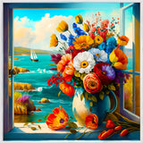 Diamond Painting - Flower arrangement by the sea with vivid colors and a scenic ocean backdrop. Paint by Numbers kit.