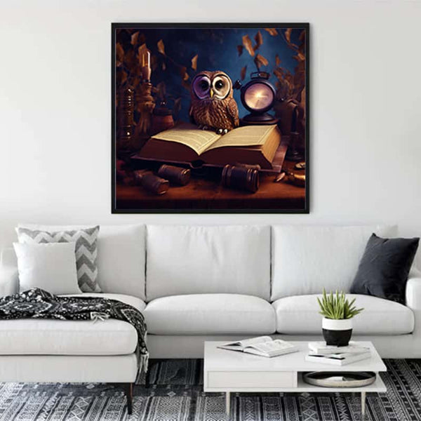 Diamond painting of an owl with book and clock hanging above a white sofa in a stylish living room.