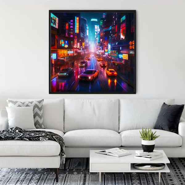 Diamond Painting Kit - City Night in Neon Lights displayed in a modern living room, ideal for Paint by Numbers enthusiasts.