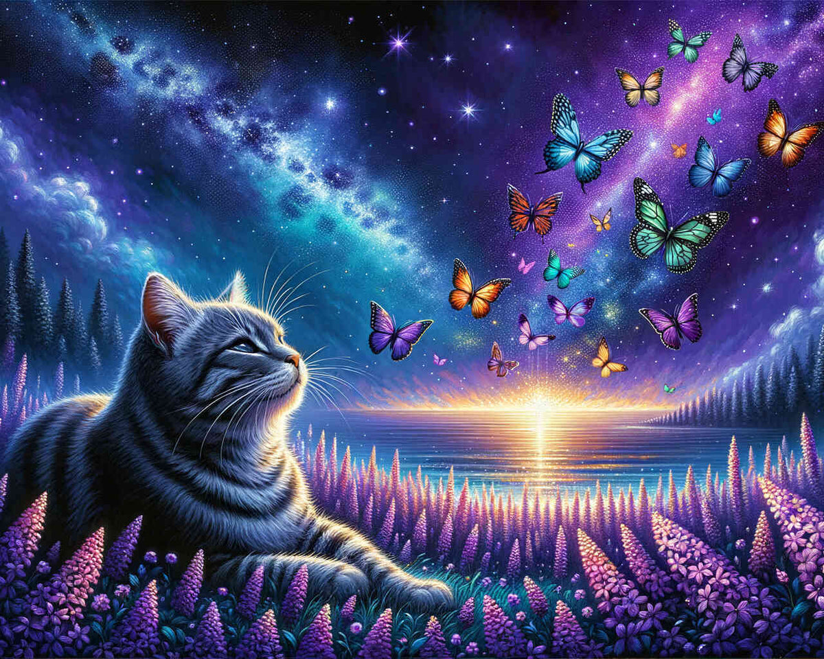 Paint by Numbers - Cat marvels at colorful butterfly