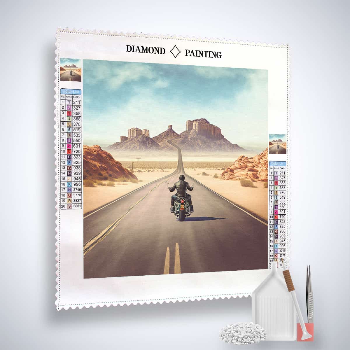 Diamond Painting Kit with a biker on a desert highway, showcasing Professional Canvas, Acrylic Diamonds, Tweezers, and Application Pen.
