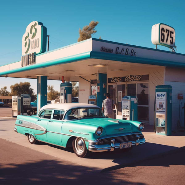 Retro turquoise classic car at vintage gas station from Golden Era of Automobile