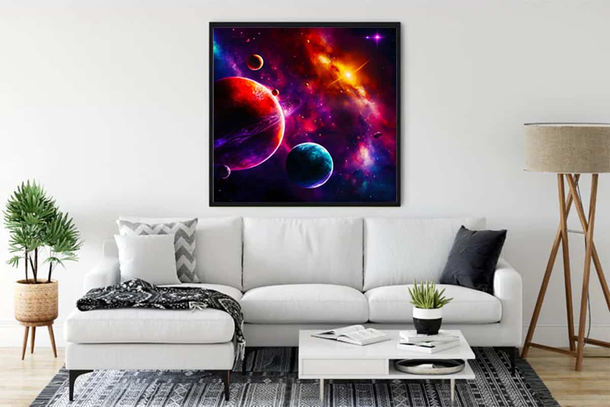 Diamond Painting Kit - Andromeda's Secret framed and displayed in a modern living room, vibrant and colorful space scene artwork.