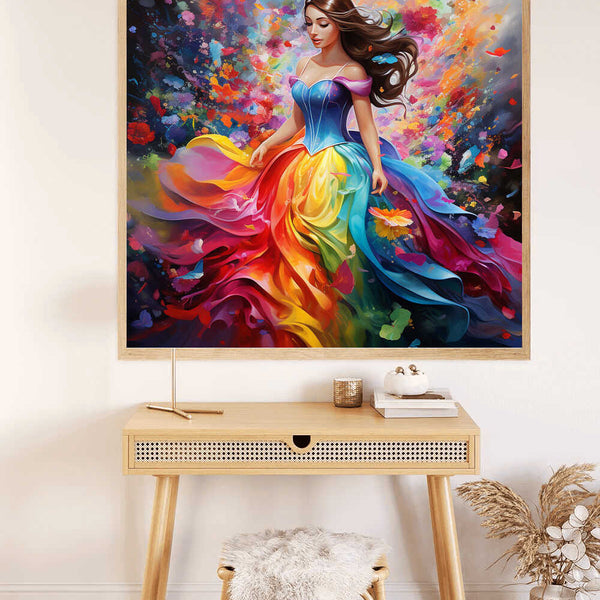 Paint by Numbers - Color Rush of Feelings artwork featuring a graceful figure in a vibrant, kaleidoscopic dress on a desk背景