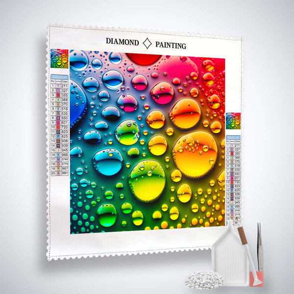 AB Diamond Painting kit - Colorful Raindrops design with canvas, acrylic diamonds, tweezers, and application pen. Paint by Numbers.