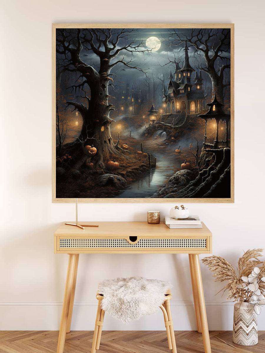 Paint by Numbers Halloween haunted forest painting on display above wooden desk with eerie moonlit scene and haunted mansion.