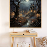 Paint by Numbers Halloween haunted forest painting on display above wooden desk with eerie moonlit scene and haunted mansion.