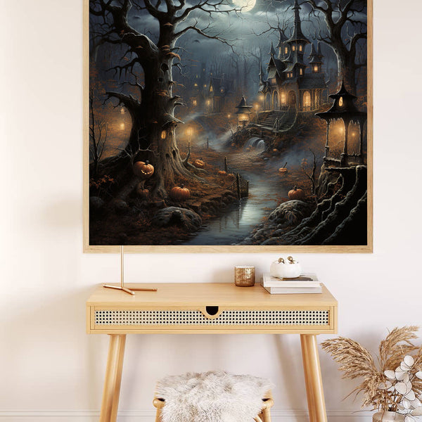 Paint by Numbers Halloween haunted forest painting on display above wooden desk with eerie moonlit scene and haunted mansion.