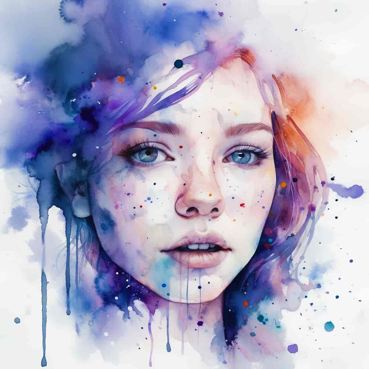 Watercolor portrait of a woman with vibrant blue and purple hues and artistic splashes