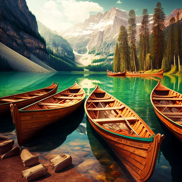 Diamond Painting - Mountain Lake Boat Tour with wooden boats on crystal clear water amid scenic mountain landscape. Paint by Numbers.