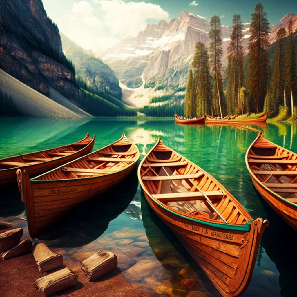 Diamond Painting - Mountain Lake Boat Tour with wooden boats on crystal clear water amid scenic mountain landscape. Paint by Numbers.