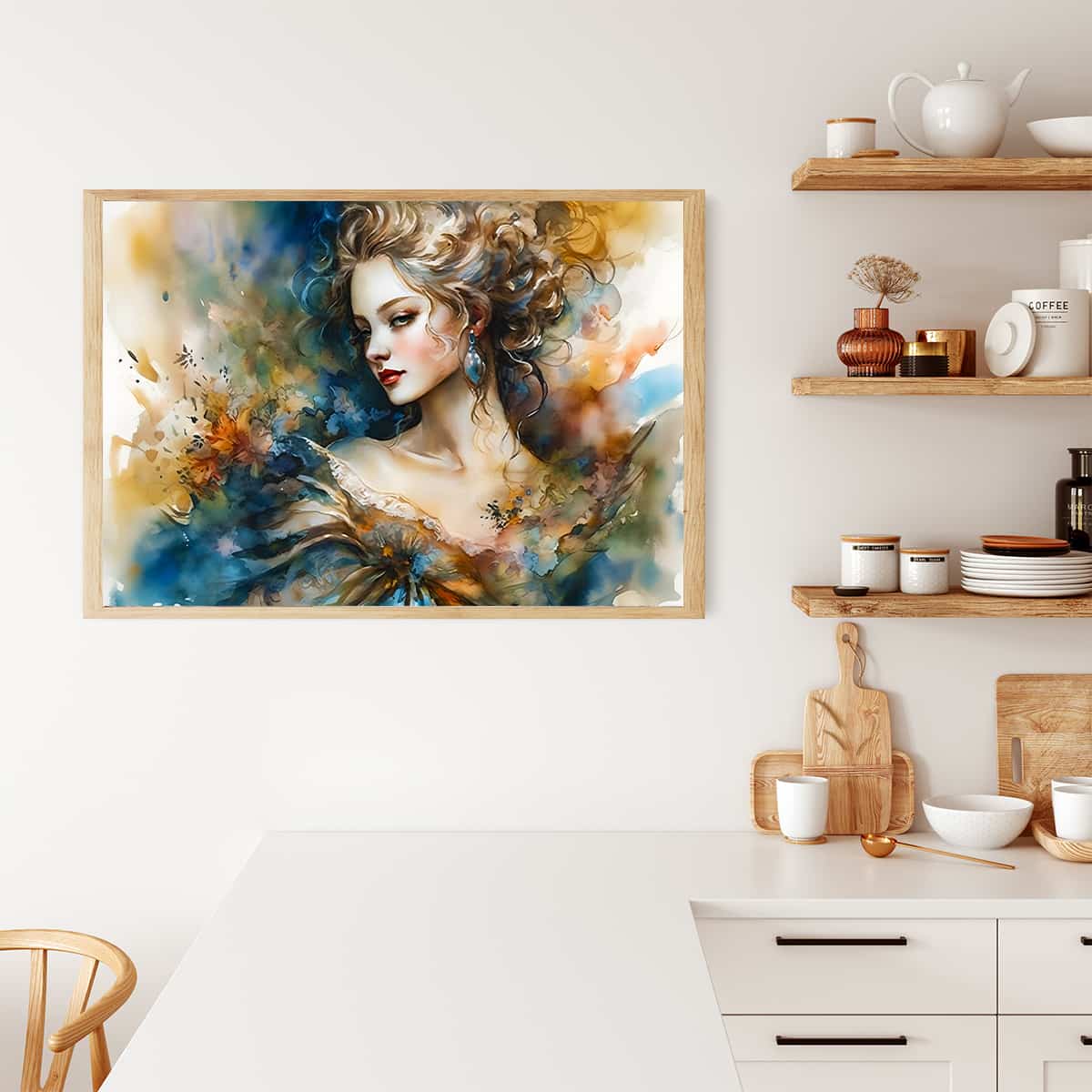 AB Diamond Painting of an abstract woman in a colorful dress hanging on a kitchen wall - sparkling paint by numbers art kit.