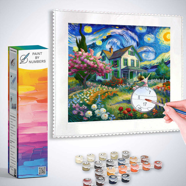 Paint by Numbers - Starry Night Whispers kit featuring a colorful landscape inspired by Van Gogh with paint, brushes, and canvas.