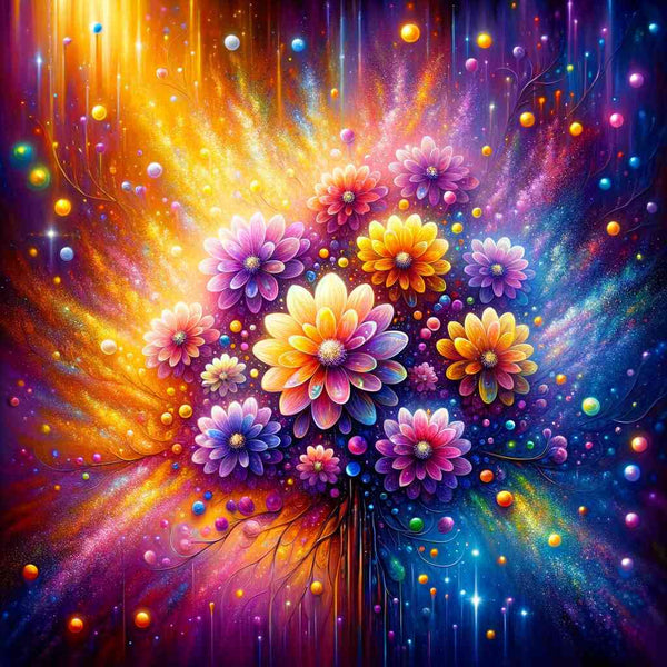 Vibrant paint by numbers kit 'Joy of Color: The Glow of Rain Flowers', featuring a radiant floral bouquet with rainbow spectrum hues.