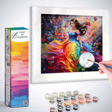 Paint by Numbers kit featuring Color Rush of Feelings design, elegant figure in a colorful, flowing dress, with paint supplies and hand painting.